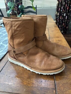 UGG Two Tone Chestnut Anali Nubuck Suede and Leather Shearling Strap Ankle Boots